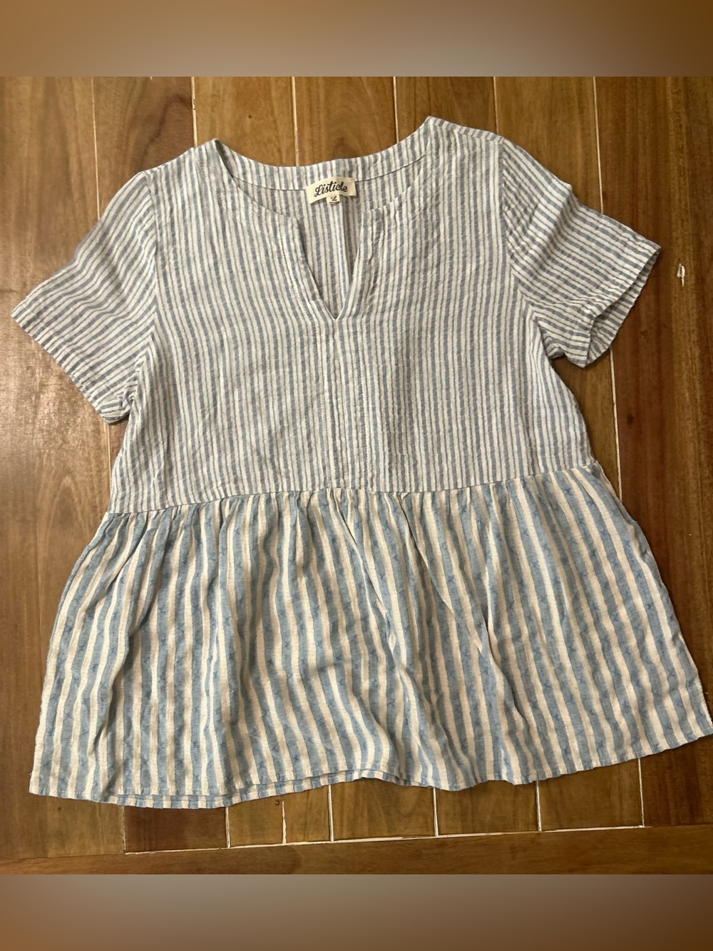 Listicle Blue and White Striped Peplum Top. Large.